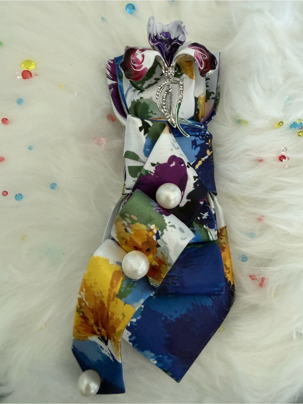 Floral Satin Bow Brooch with Pearl Accents - Blue, Yellow, Purple